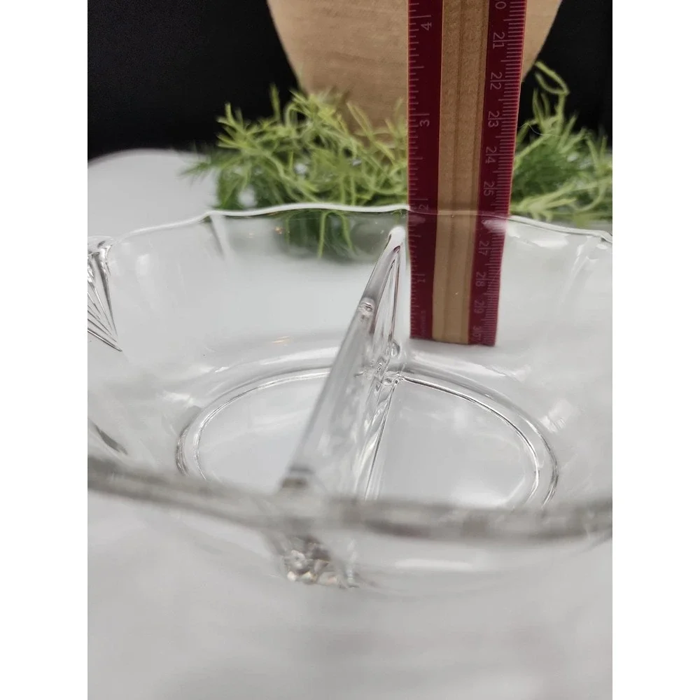 Vintage Clear Glass Divided Relish‎ Dish Fan Handles Mid-Century Serving Bowl
